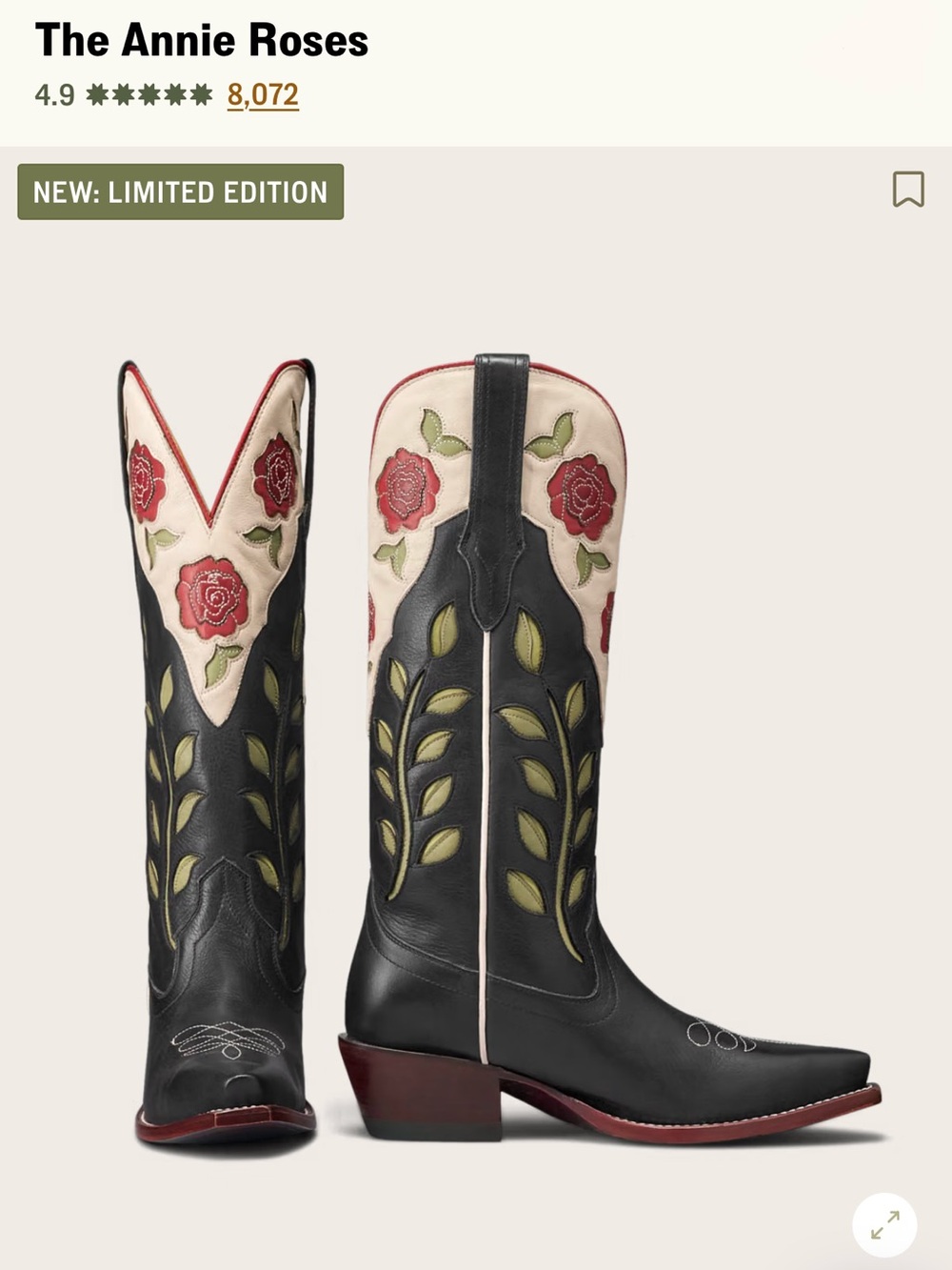 NEW Tecovas Annie Roses 9.5 Limited Edition:Black, Cream, Red Floral Cowboy Boot